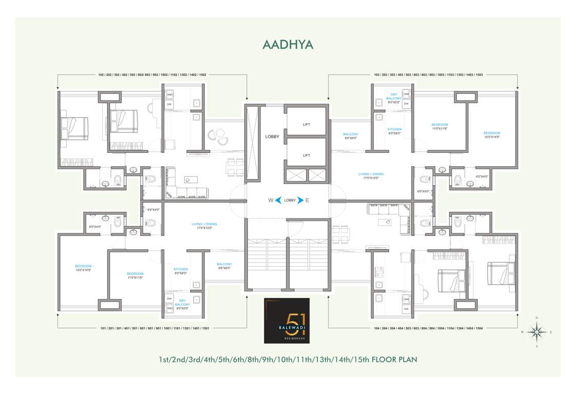 51 balewadi residences phase 2 Wing A Cluster Plan from 1st to 15th Floor