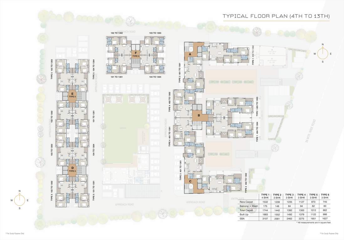 prestige Block A, B, C, D, E And F Cluster Plan from 4th to 13th Floor
