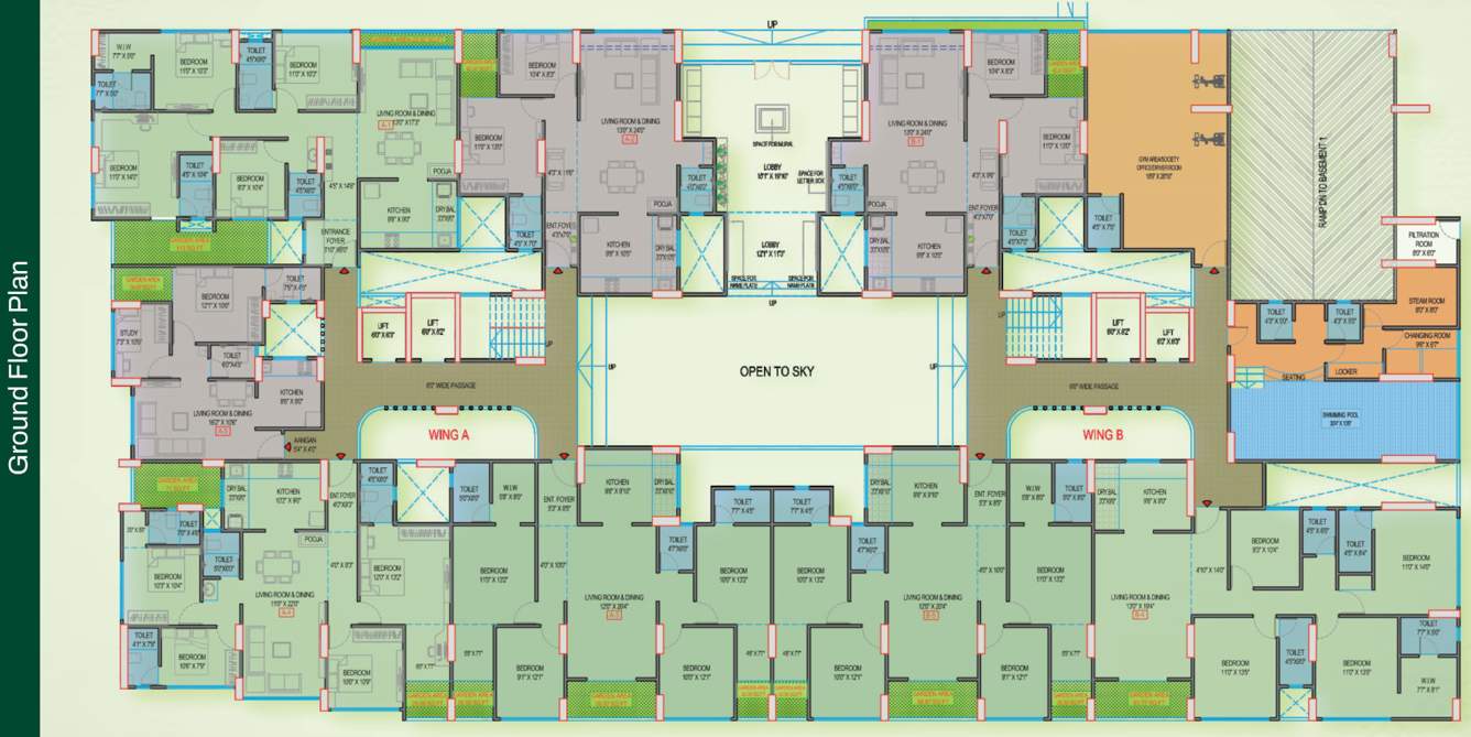  prism city green Wing A, B Ground Cluster Plan