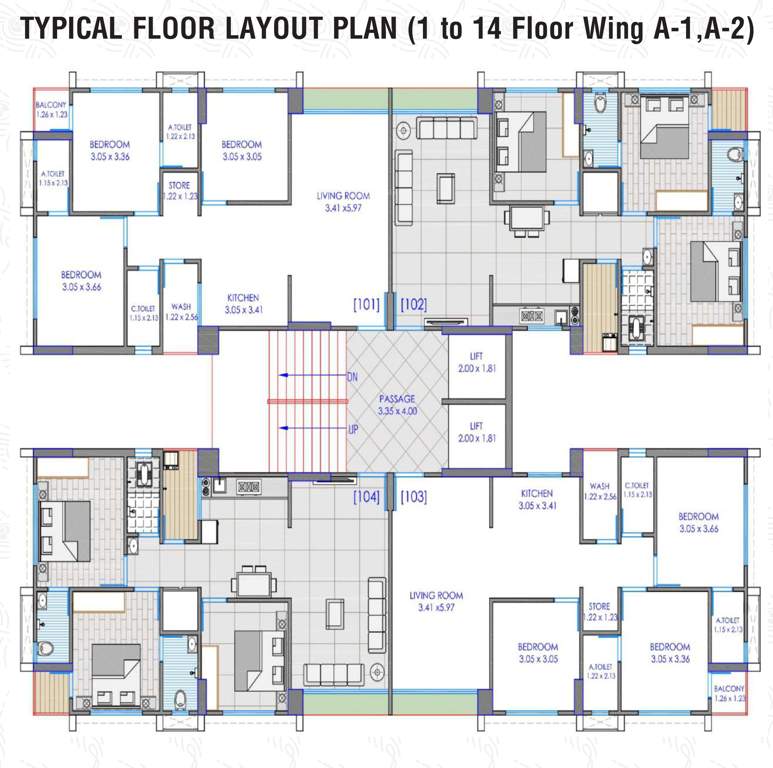 sky nand heights Block A1 And A2 Cluster Plan from 1st to 14th Floor