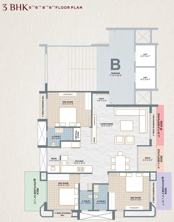  the iconic B Cluster Plan For 5th, 6th, 8th & 9th Floor