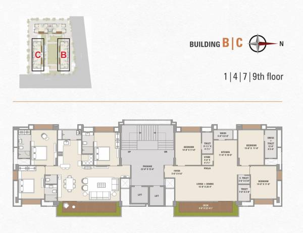 B, C Cluster Plan For 1st, 4th, 7th & 9th Floor heights B, C Cluster Plan For 1st, 4th, 7th & 9th Floor