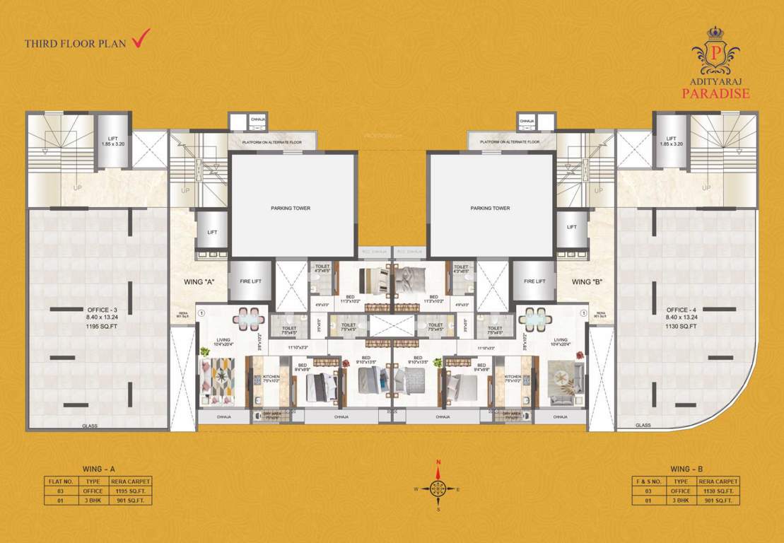 sagar sangeet chs adityaraj paradise Wing A and B Cluster Plan for 3rd Floor