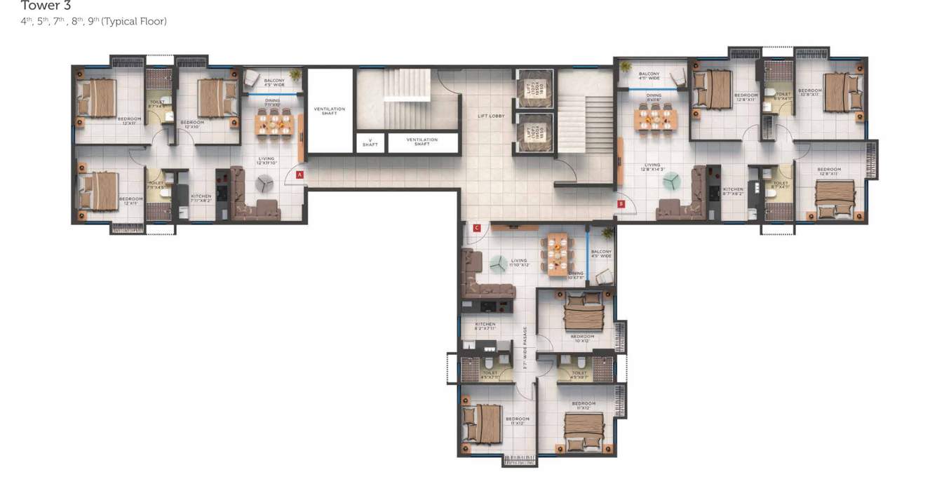  prestige Tower 3 Cluster Plan from 4th to 9th Floor