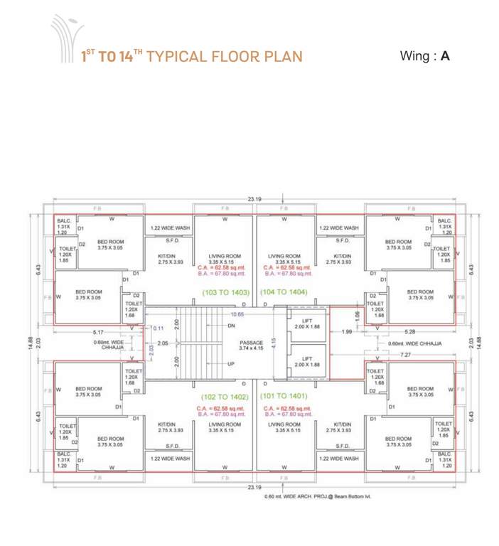 vraj platinum Block A Cluster Plan from 1st to 14th Floor