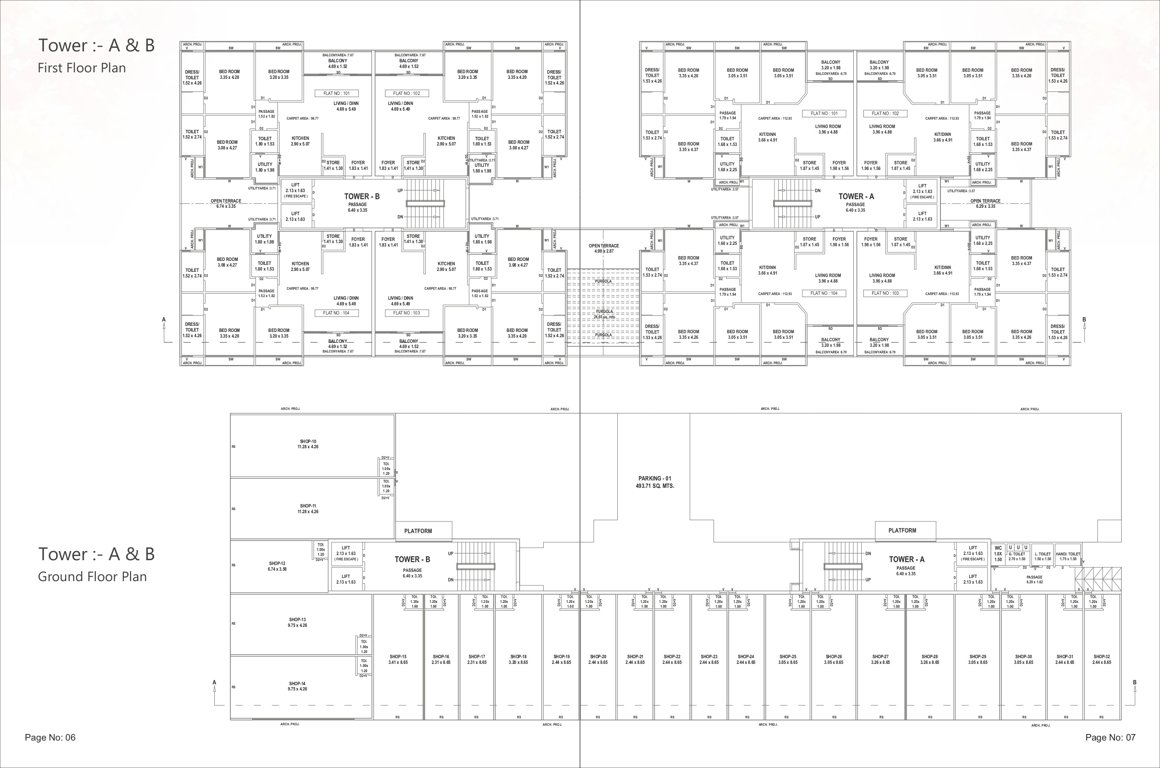 gulmohar Block A And Block B Cluster Plan from ground to 1st Floor