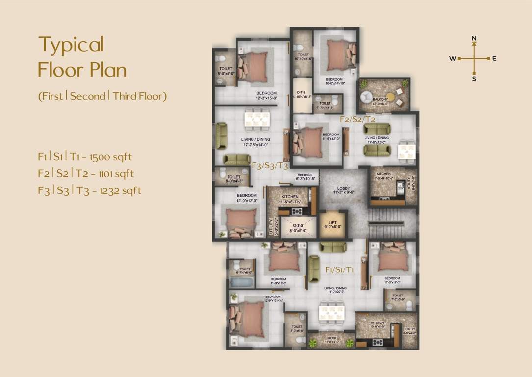  sree padmalayam KVR's Sree Padmalayam Cluster Plan from 1st to 3rd Floor