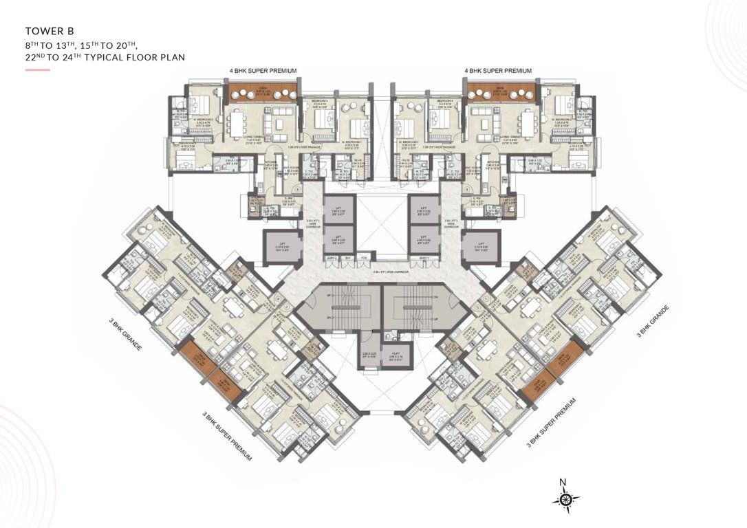 kalpataru advay Wing B Cluster Plan from 8th to 13th, 15th to 20th, 22nd to 24th Floor