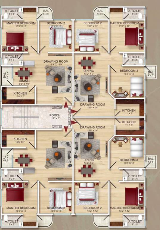 villa Tridev Villa Cluster Plan from 1st to 2nd Floor