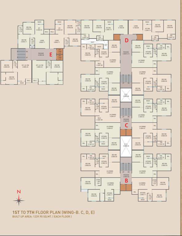  residency 3 WING B+C+D+E Cluster Plan from 1st to 7th Floor