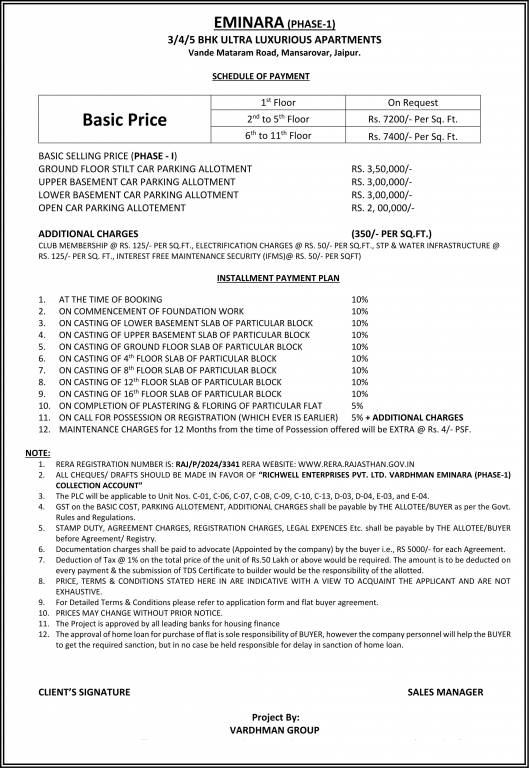 vardhman-eminara Construction Linked Payment (CLP) Payment Plan