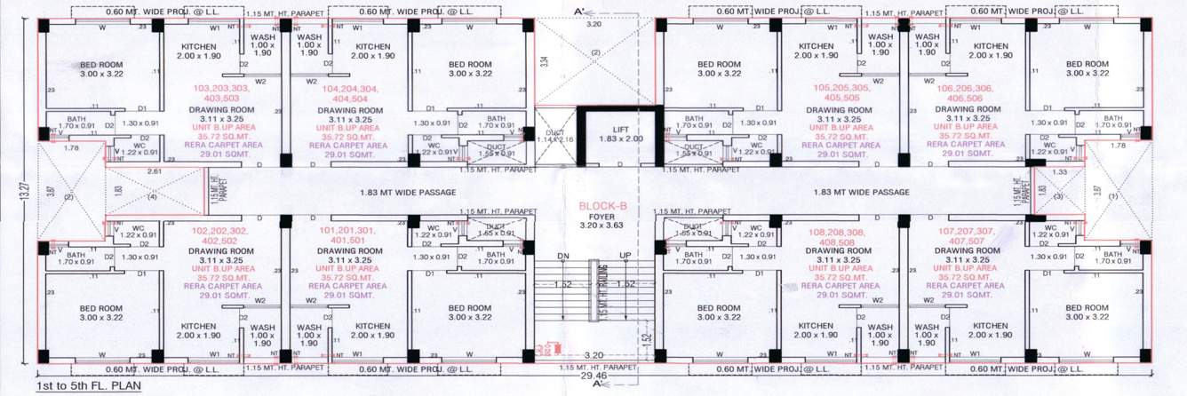vandemataram vardhmannagar Block B Cluster Plan from 1st to 5th Floor