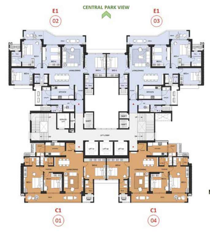  oakwood at the prestige city Cedar Block 1 C1,C2,C3,C4 Cluster Plan For Typical Floor