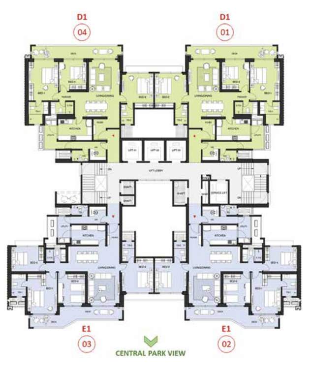  oakwood at the prestige city Elm Block 3 E1,E2 Cluster Plan For Typical Floor