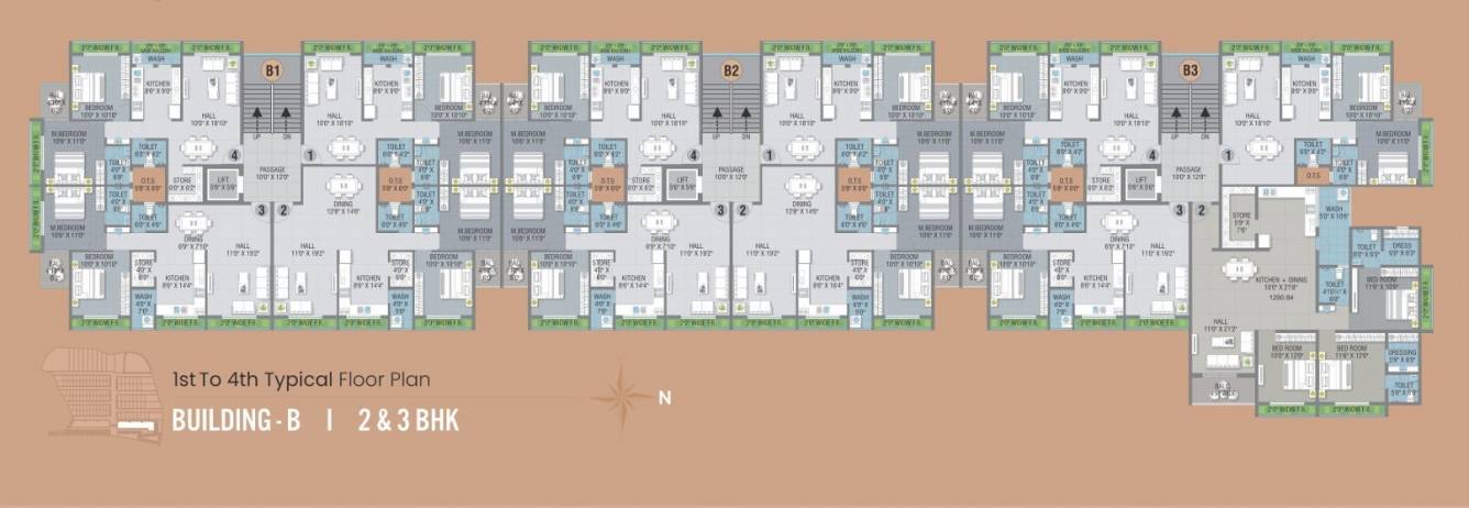  bay Building B Cluster Plan from 1st to 4th Floor