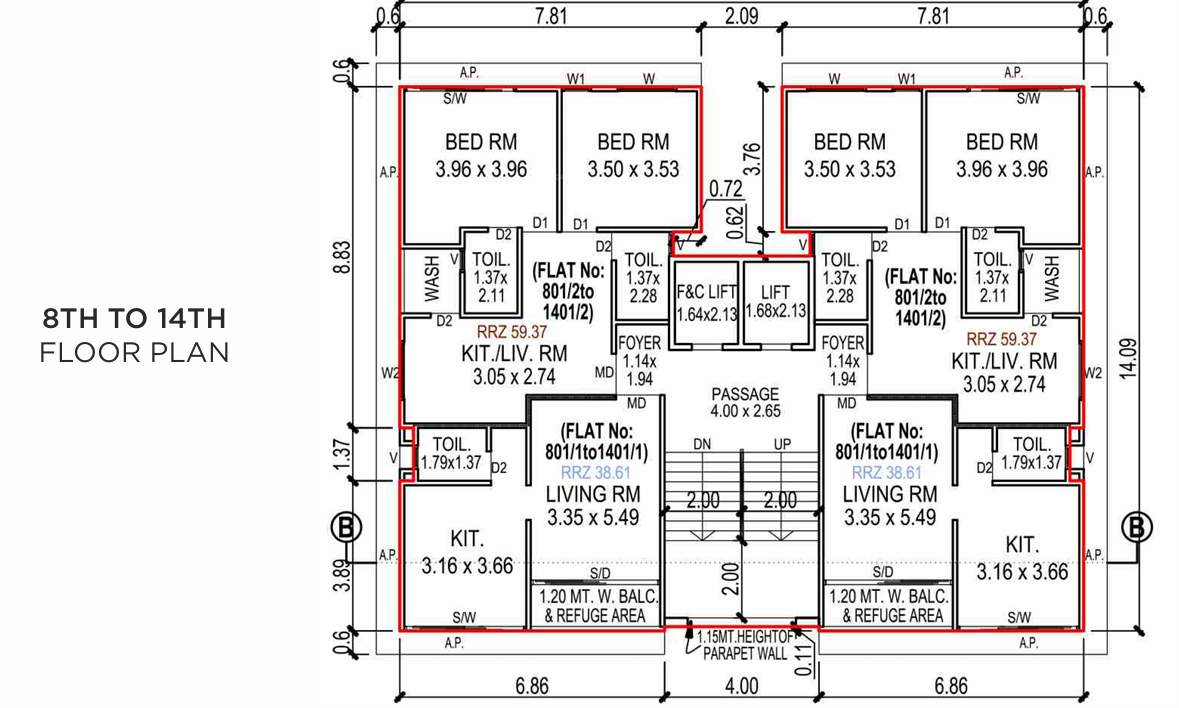 lotus Block C Cluster Plan from 8th to 14th Floor