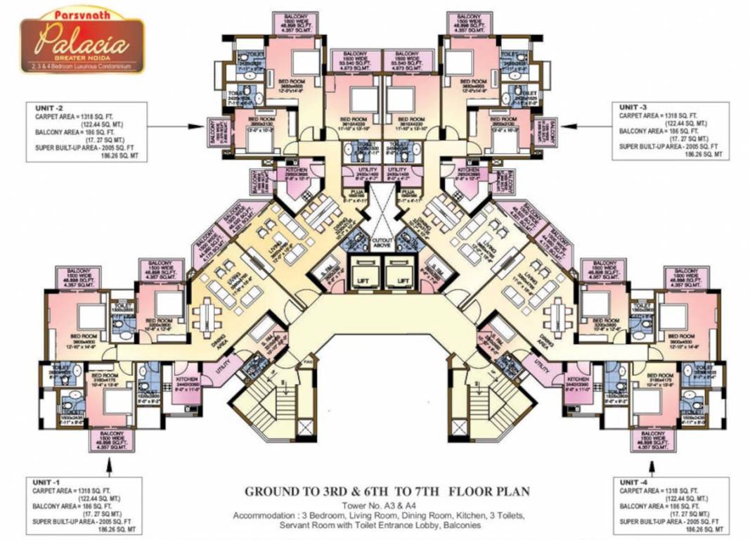palacia phase 1 Tower A3, A4 Cluster Plan For 3rd & 6th To 7th Floor