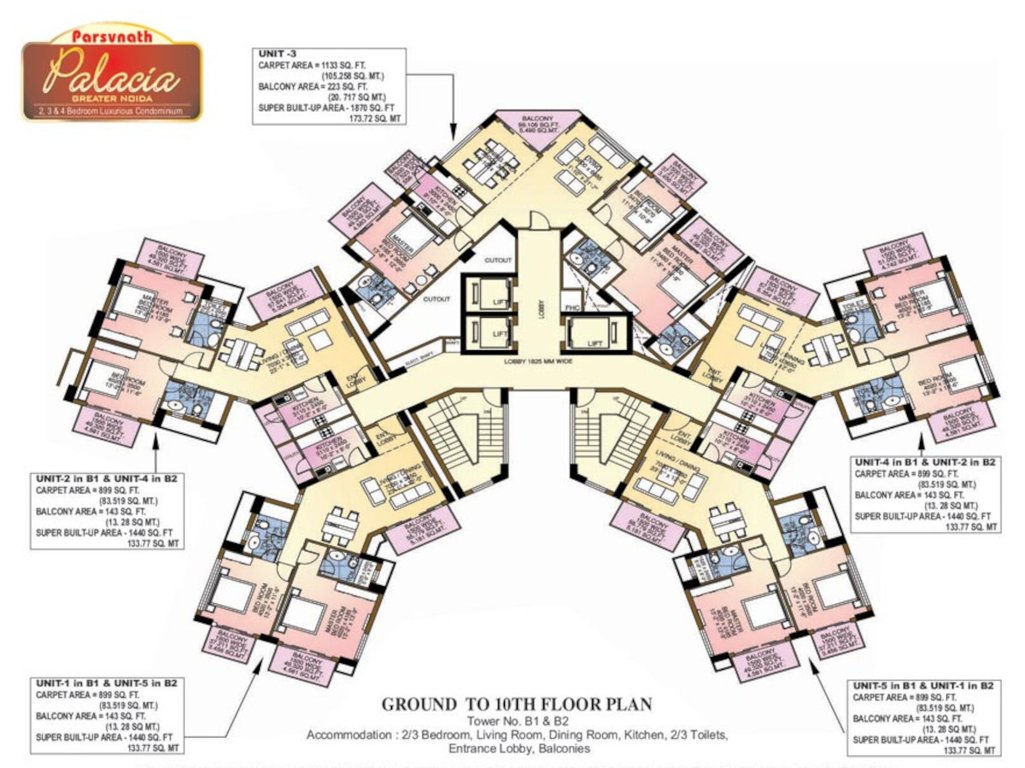 palacia phase 1 Tower B1, B2 Ground To 10th Floor Cluster Plan