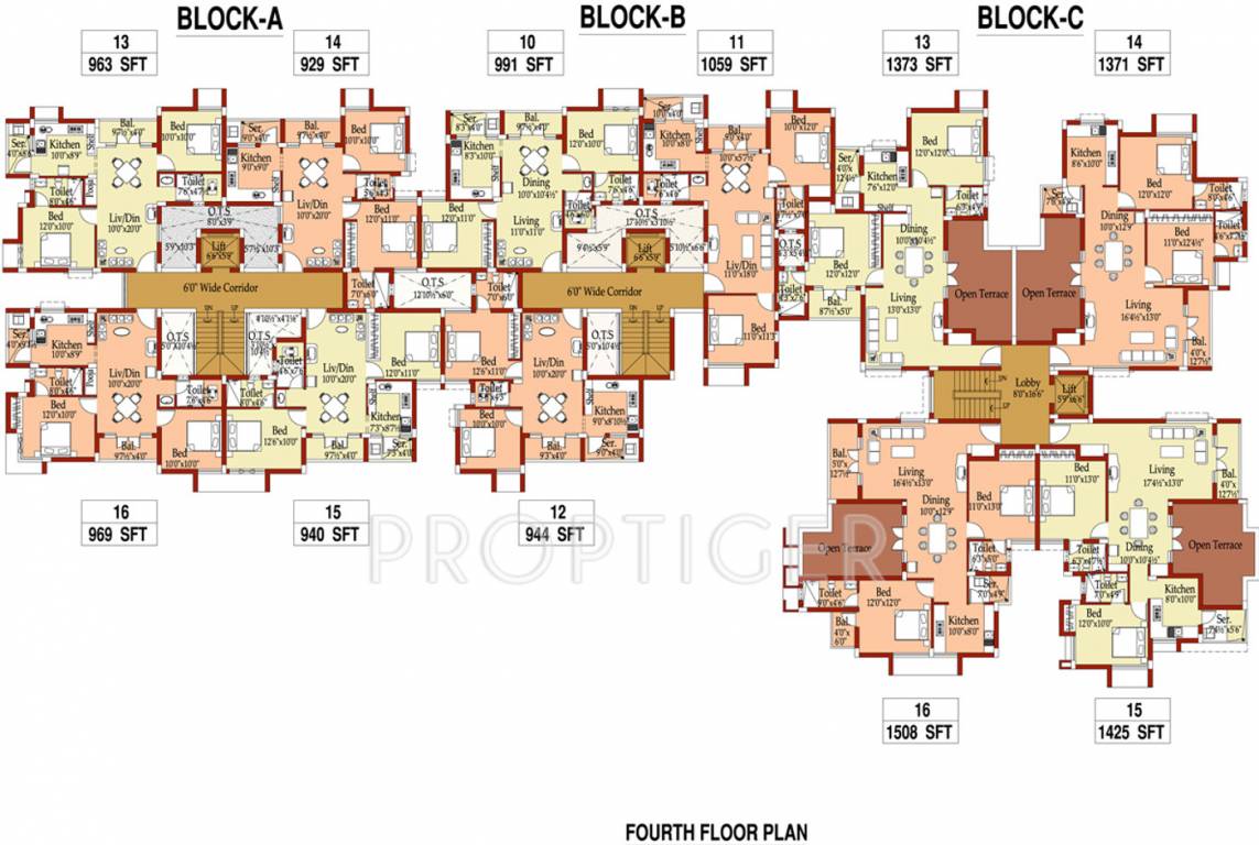 dabc gokulam phase iii Block A B & C 4th Floor Cluster Plan