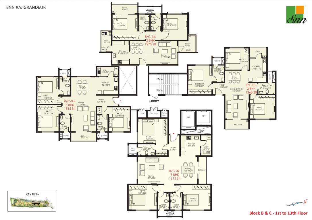 raj grandeur Block B & Block C Typical Cluster Plan