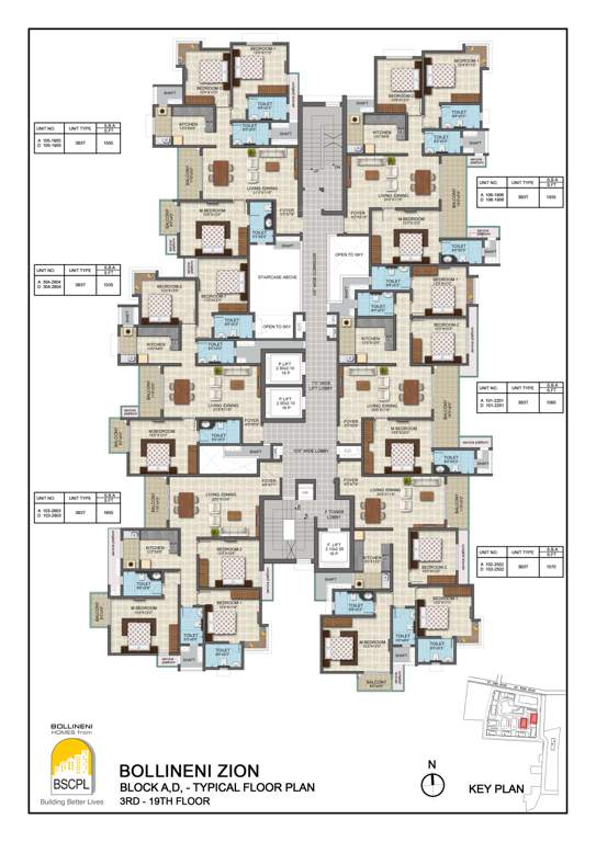 bollineni zion Block A and D Cluster Plan from 3rd to 19th Floor