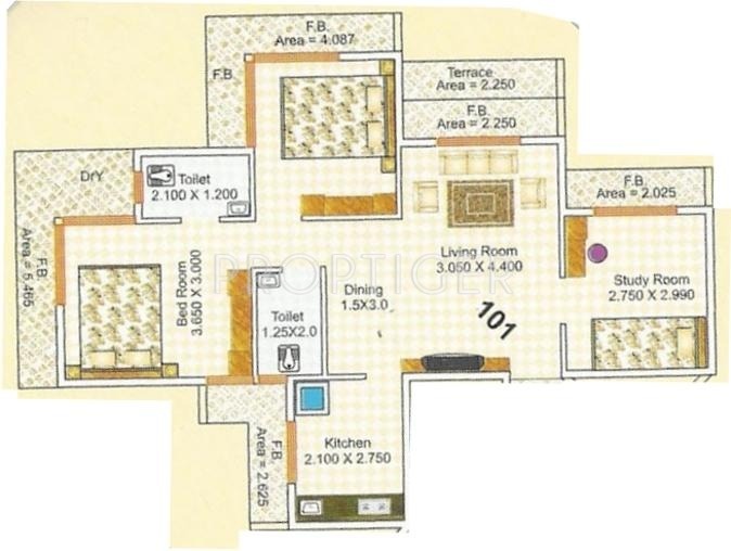 Someshwar Builders Residency Floor Plan (2BHK+2T + Study Room)