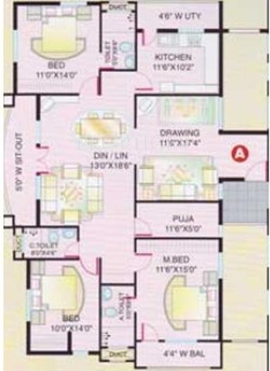 SMR Holdings Vinay Classic Floor Plan (3BHK+3T)