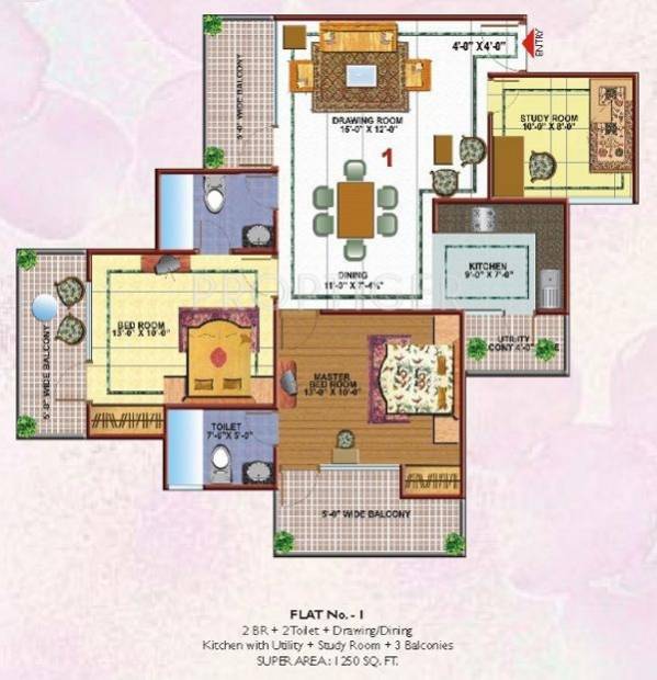 Skytech Merion Residency II (2BHK+2T (1,250 sq ft)   Study Room 1250 sq ft)