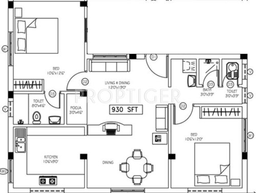 Arun Thillana (2BHK+3T (930 sq ft)   Pooja Room 930 sq ft)