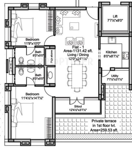 Krishna Emerald Heights (2BHK+2T (1,131 sq ft) 1131 sq ft)