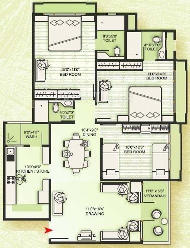 Floor Plan (3BHK+3T) Goyal and Co Hariyana Group Orchid Woods Floor Plan (3BHK+3T)
