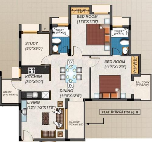 AJ Suite 16 (2BHK+2T (1,168 sq ft)   Study Room 1168 sq ft)