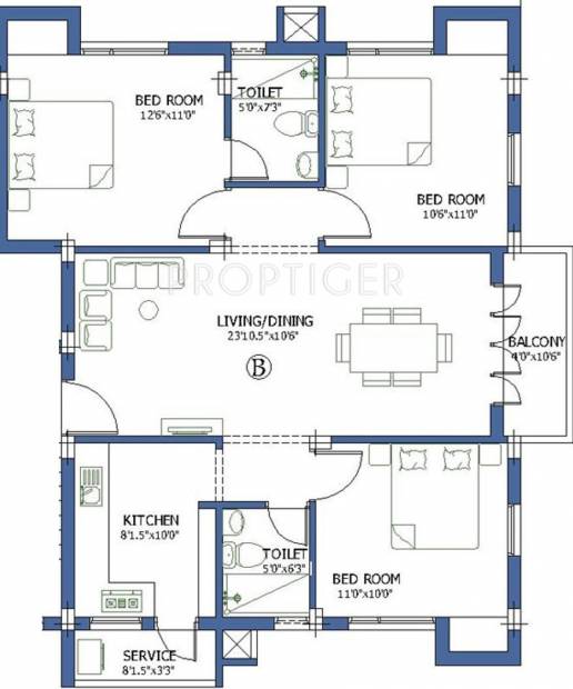 Pushkar Lily Enclave Floor Plan (3BHK+2T)