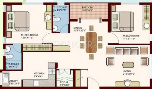 Tejas Constructions Cedar Floor Plan (2BHK+2T + Pooja Room)