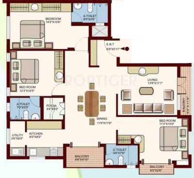 Tejas Constructions Cedar Floor Plan (3BHK+3T)