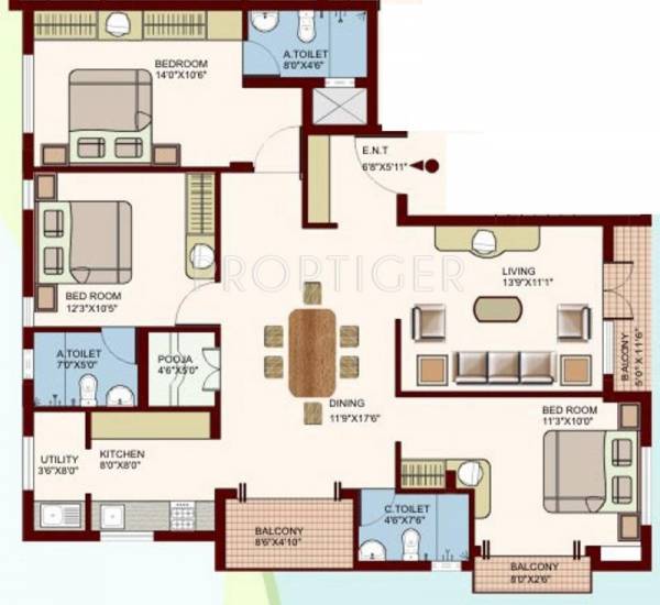 Tejas Constructions Cedar Floor Plan (3BHK+3T)