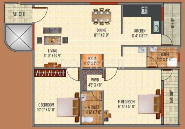 Vaastu Residency (2BHK+2T (1,090 sq ft) 1090 sq ft)