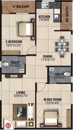 BM Mystic Greens (2BHK+2T (1,150 sq ft) 1150 sq ft)