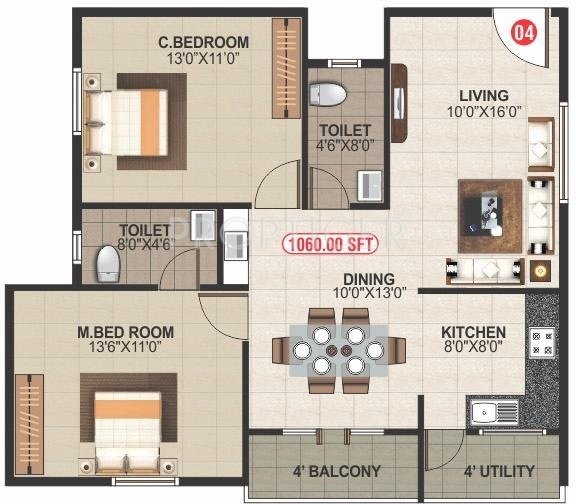 BM Happy Valley (2BHK+2T (1,060 sq ft) 1060 sq ft)