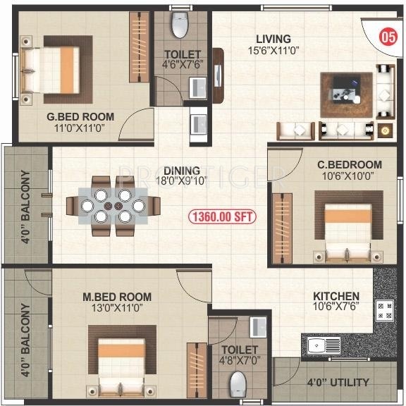 BM Happy Valley (3BHK+2T (1,360 sq ft) 1360 sq ft)