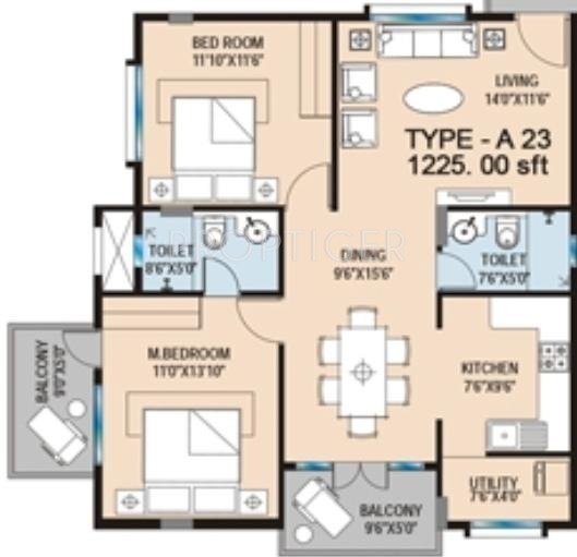 Blue Stone Signature (2BHK+2T (1,225 sq ft) 1225 sq ft)