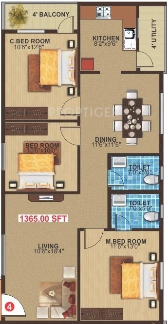 Navajyothi Athithi Grand (3BHK+2T (1,365 sq ft) 1365 sq ft)