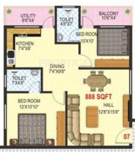 Vandana Coral (2BHK+2T (888 sq ft) 888 sq ft)