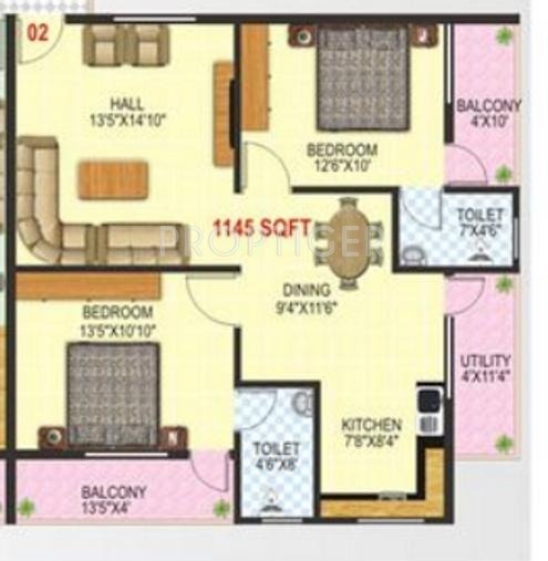 Vandana Coral (2BHK+2T (1,145 sq ft) 1145 sq ft)