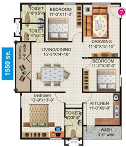 MC Sarovar (3BHK+3T (1,550 sq ft) 1550 sq ft)