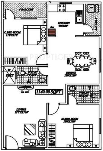 Vandana Sri Lavanya Serenity (2BHK+2T (1,140 sq ft) 1140 sq ft)
