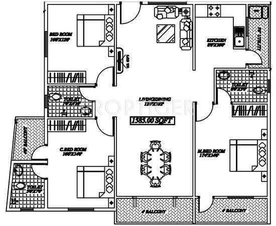 Vandana Sri Lavanya Serenity (3BHK+2T (1,543 sq ft) 1543 sq ft)