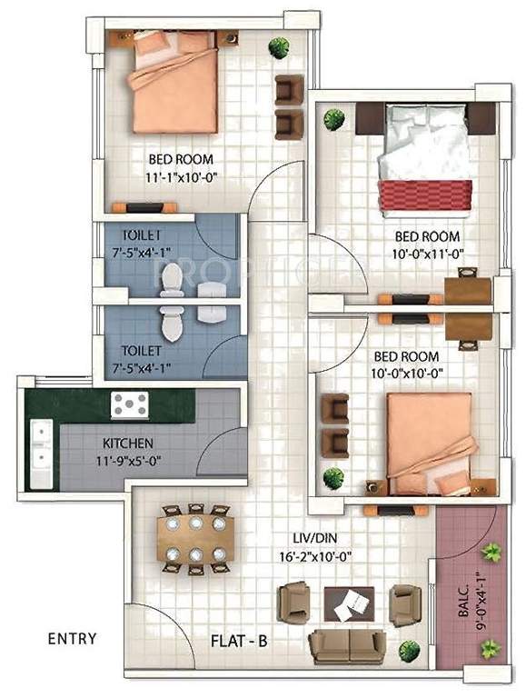 Prudent Prana (3BHK+2T (1,023 sq ft) 1023 sq ft)