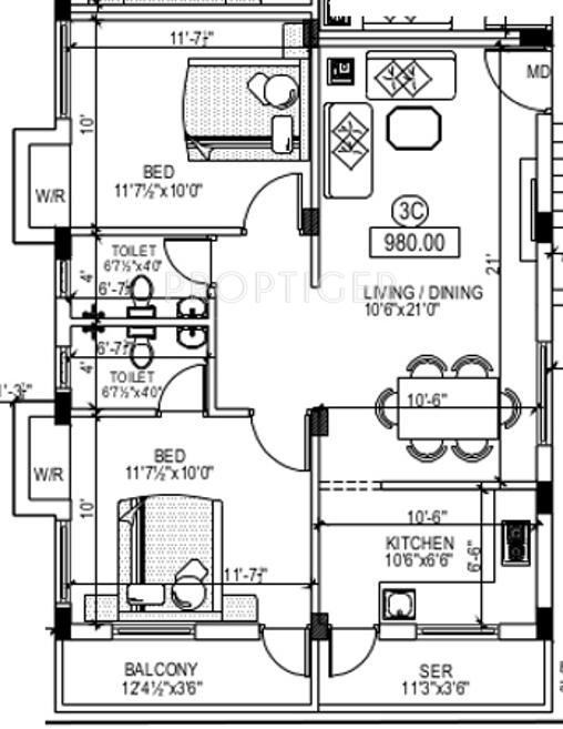 Royal Florence (2BHK+2T (980 sq ft) 980 sq ft)