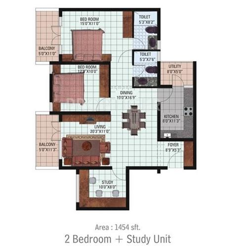 R&S Riviera (2BHK+2T (1,454 sq ft)   Study Room 1454 sq ft)